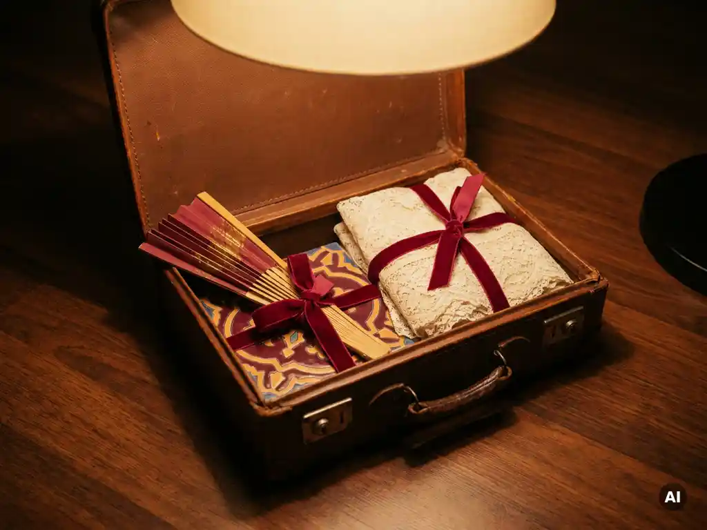 Open vintage leather suitcase holding a Japanese fan, Moroccan ceramic tile, and Belgian lace, each tied with a matching crimson ribbon.