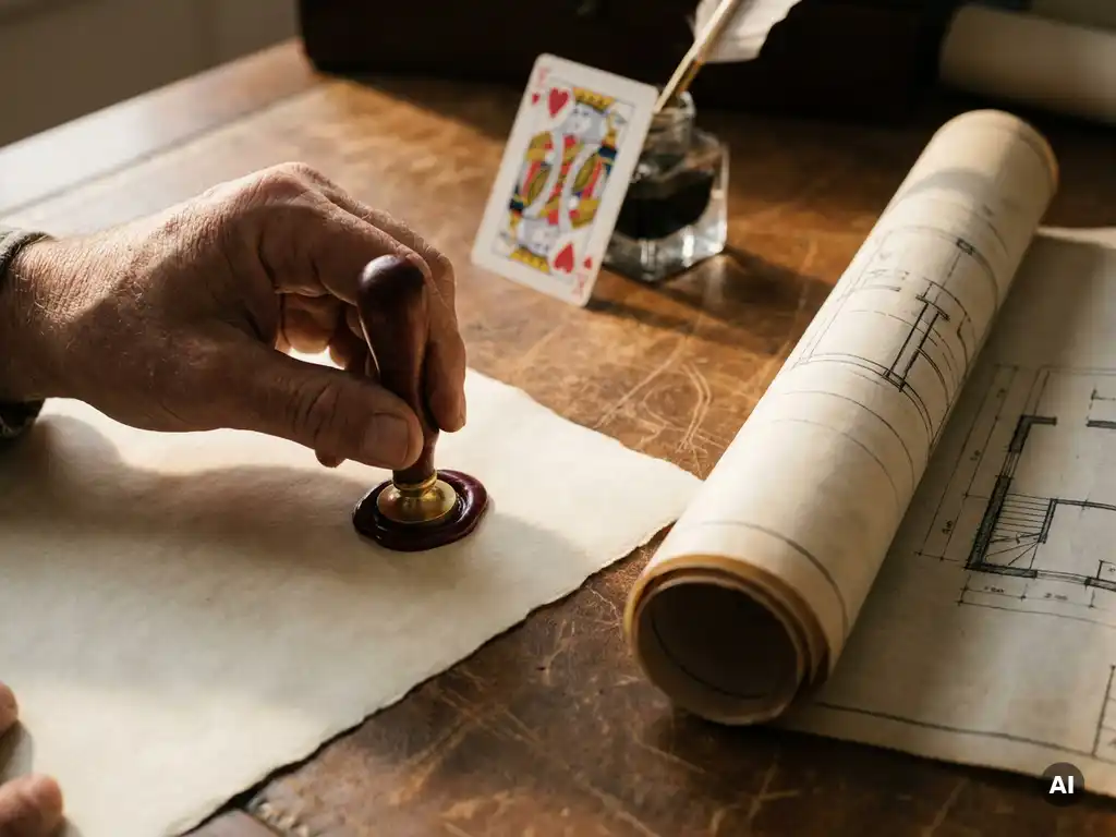 Craftsman pressing a burgundy wax seal onto a cream document beside an architectural blueprint on a worn leather desk.