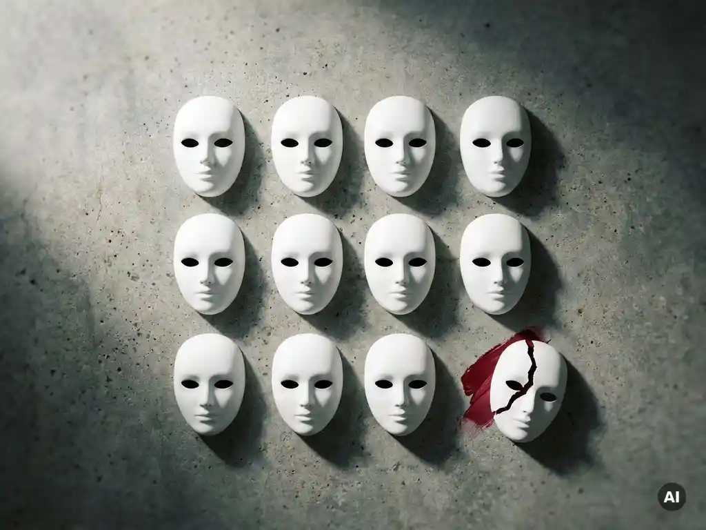 Cracked white mask revealing crimson brushstroke beneath, surrounded by identical masks in a grid on polished concrete.